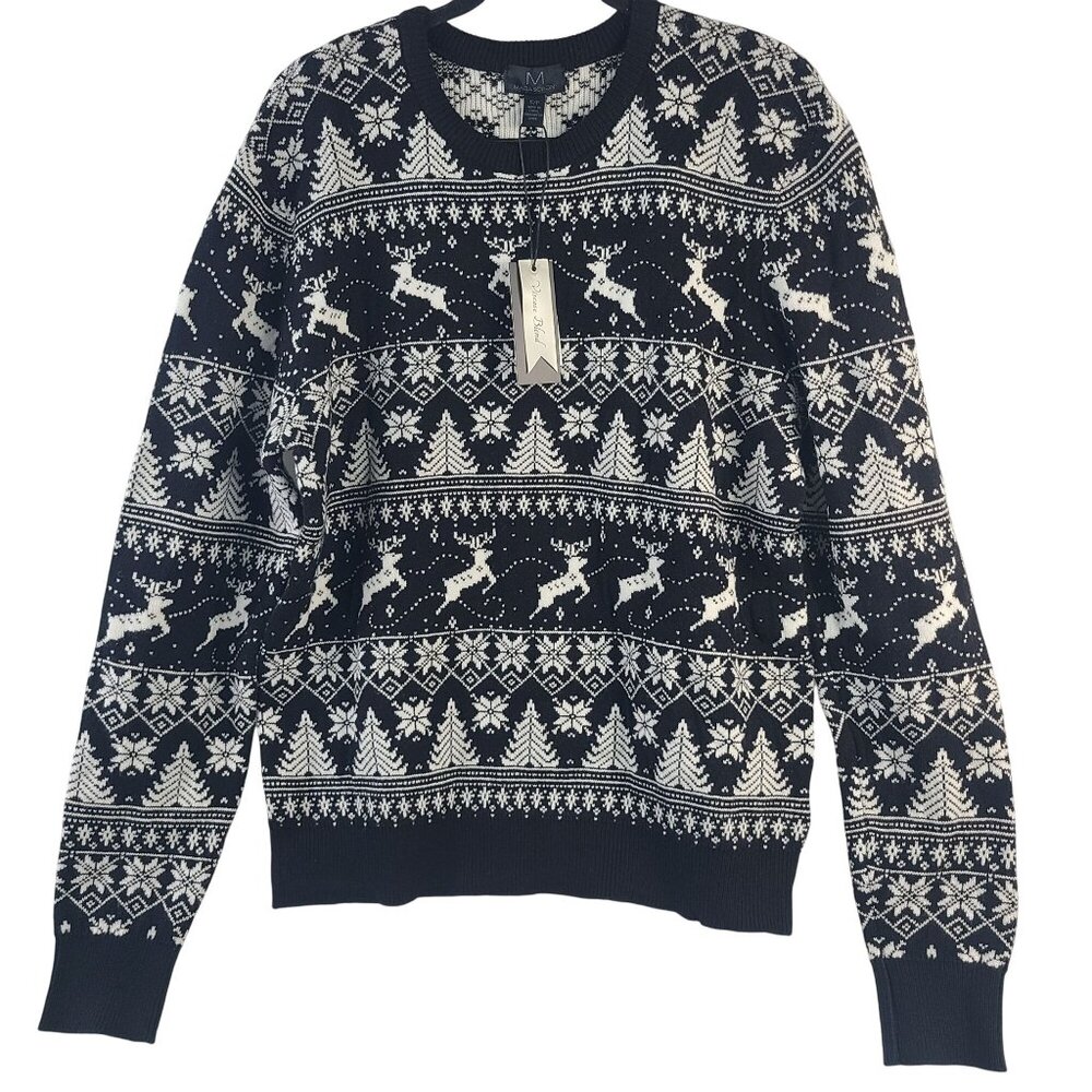 Magaschoni Women's Black & White Reindeer Fair Isle Sweater Viscose Blend Sz S